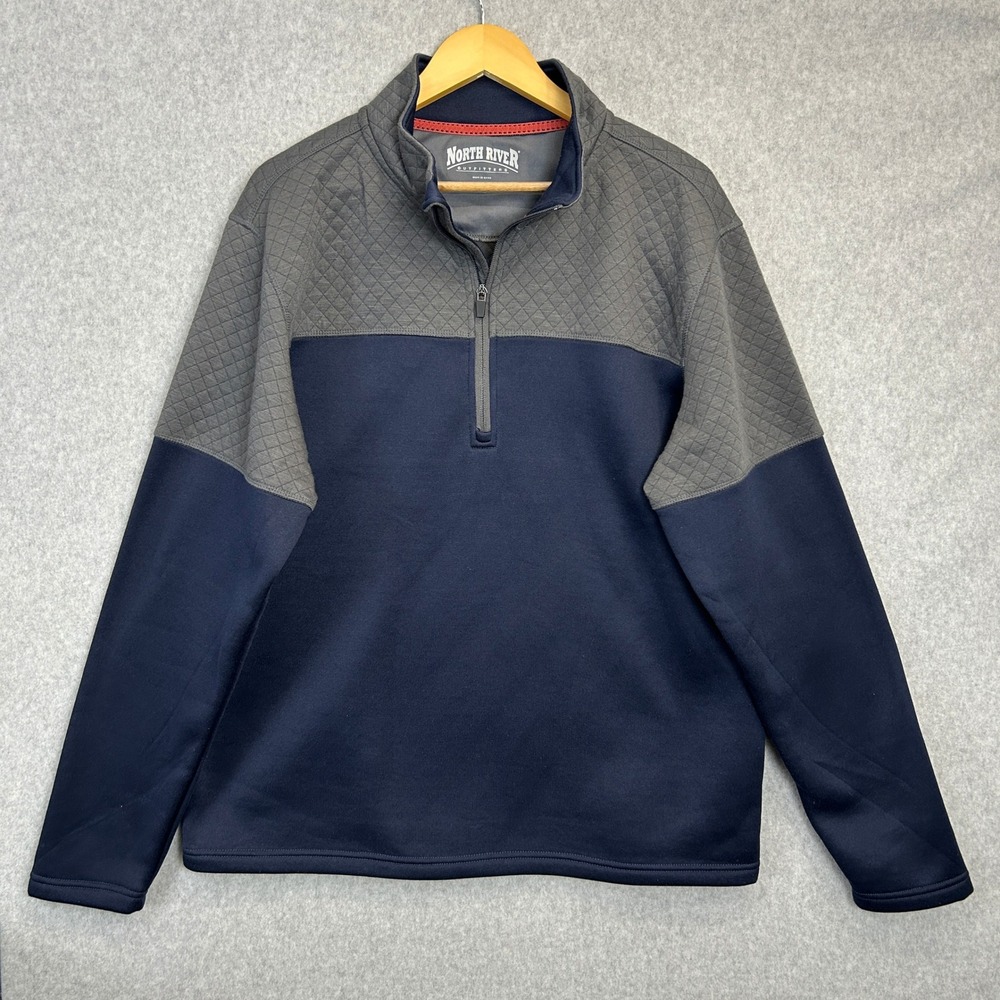 North River Outfitters 1/4 Zip Pullover Sweater Navy Grey Quilted Gorp Mens XL